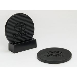 2-Pc Round Carbon Fiber-Textured Coaster Set w/Base