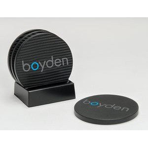 4-Pc Round Carbon Fiber-Texture Coaster Set w/Base (UV Print)