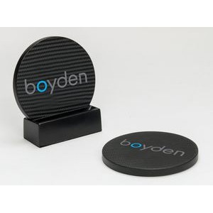 2-Pc Round Carbon Fiber-Texture Coaster Set w/Base (UV Print)