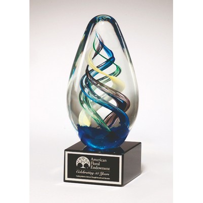 Colorful Egg-Shaped Art Glass Award on Black Base