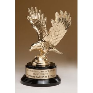 Finely detailed eagle figure, cast metal with gold finish. Black piano finished base. (9 ")
