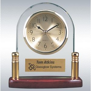 6 1/2" Arch Glass Desk Clock w/Metal Posts & Rosewood Base