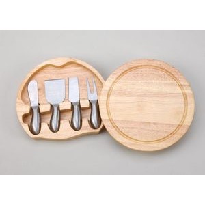 Round Wood Cheese Board w/a 4 Piece S.S. Handled Utensil Set