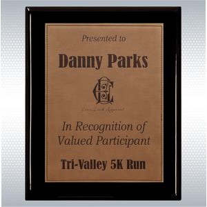 Black Piano Finish Wood Plaque w/Dark Brown Leather Plate (9" x 12")