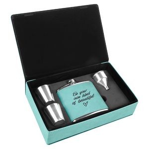 6 Oz. Teal Blue Laserable Leatherette Flask Gift Set