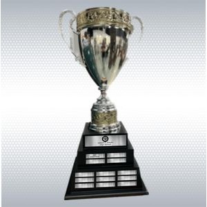 34" Silver and Gold Imported Italian Cup Trophy On Black Wood Perpetual Base