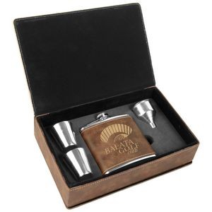 6 Oz. Rustic Brown/Gold Laserable Leatherette Flask Gift Set