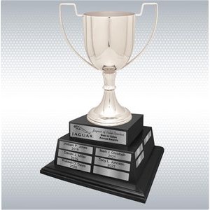 14 1/2" Silver Completed Zinc Cup Perpetual Trophy On Black Wood Base