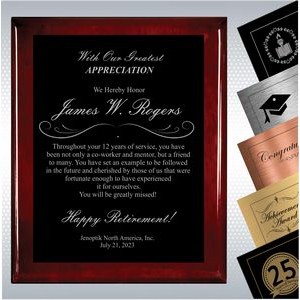 Rosewood Piano Finish Wood Plaque Retirement Gift Award (12" x 15")