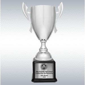 26 1/2" Silver Completed Metal Cup Trophy on Black Royal Piano Finish Base
