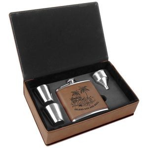 6 Oz. Dark Brown Laserable Leatherette Flask Gift Set
