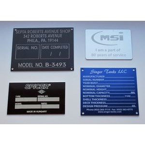 Aluminum ID/Name Plates falling between 4-6.9 sq. inches w/ a Laser Engraved imprint. Made in USA