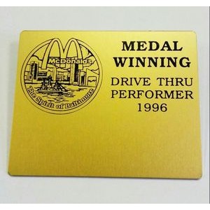 3" x 2 1/8" Aluminum Badge w/ rounded corners, pin back attachment and a screen printed imprint. USA