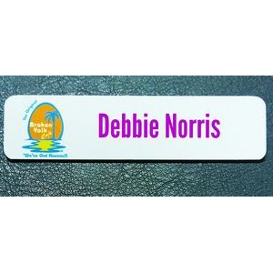3" x 3/4" Aluminum Badge w/ rounded corners, pin back and a full color, sublimated imprint. USA