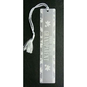 Aluminum 1" x 4 7/8" Bookmark w/ a Laser engraved imprint and assembled tassel. Made in USA