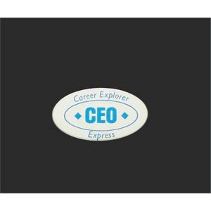 1" x 1 13/16" oval aluminum badge with a screen printed imprint. Made in the USA