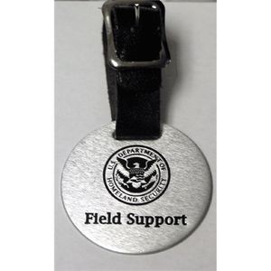 1.75" Round Aluminum Luggage /Golf Bag Tag w/ a Die Struck/Color Filled imprint. Made in the USA.