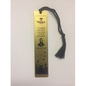 Gold Aluminum 1" x 4 7/8" Bookmark w/ a Screen Printed imprint and assembled tassel. Made in USA