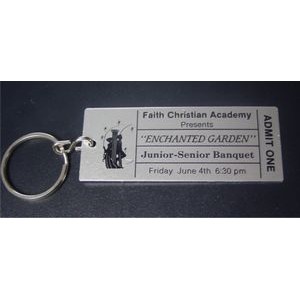 Ticket Style 3" x 1.5" Silver Aluminum Key Tag with a Die Struck/Color filled imprint. Made in USA