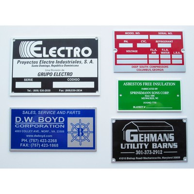 Aluminum ID/Name Plates falling between 1-3.9 sq. inches w/ a an epoxy screen printed imprint.