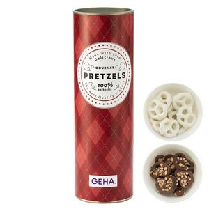 8" Gift Tube w/ Chocolate Pretzels- Milk Chocolate Pretzels w/ Crushed Toffee & White Choc. Pretzels