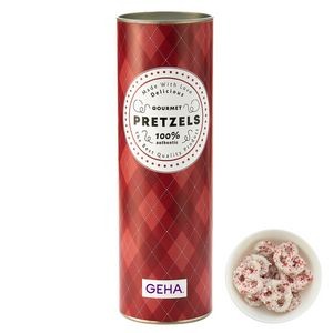 8" Gift Tube with Chocolate Pretzels - White Chocolate Pretzels with Crushed Peppermint