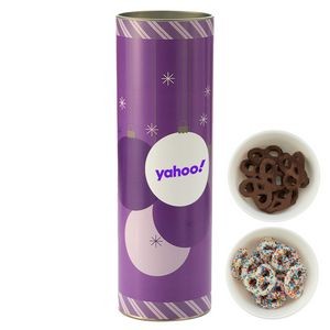 8" Gift Tube w/ Chocolate Pretzels- White Choc. Pretzels w/ Rainbow Nonpareils & Milk Choc. Pretzels