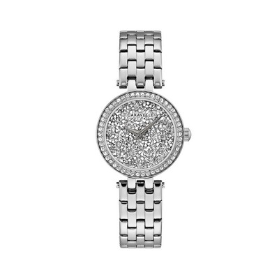 Caravelle Ladies Silver Rock Crystal Dial Watch with Stainless Steel Bracelet and Crystal Bezel
