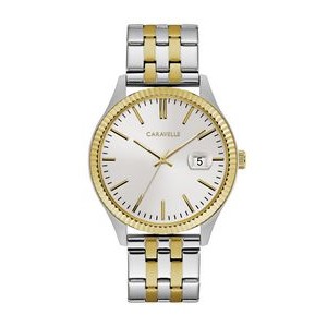 Caravelle Men's Two Tone Stainless Steel Watch with Coin Edge Bezel, Gold Accents and Date Marker