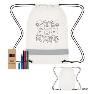 Lil' Bit Reflective Non-woven Coloring Drawstring Bag With 4-piece Washable Marker Set