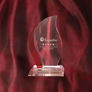 8.75" H Medium Flame Crystal Award with Ruby Red Accent, packaged in fabric-lined presentation box