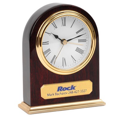 Classic Arched Top Piano Wood Finish Wooden Desk Alarm Clock with Gold Metal Base