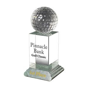 Trophy Award - Crystal Golf Ball mounted on a crystal podium style stand with green marble base