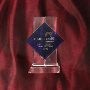Marquise optic crystal award with blue accent nicely packaged in fabric lined presentation box