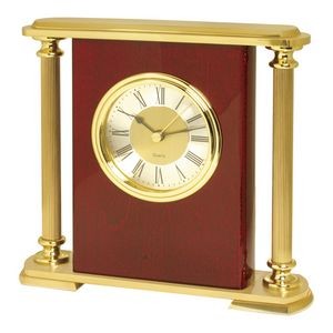 Piano Wood Finish Wood Desk Alarm Clock w/Brass Pillars