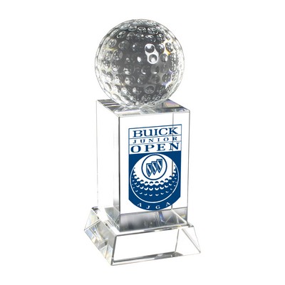 Trophy Award - Crystal Golf Ball mounted on top of a crystal podium style stand