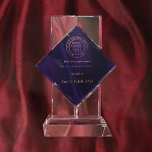 10" H Marquise optic crystal award with blue accent nicely packaged in fabric lined presentation box