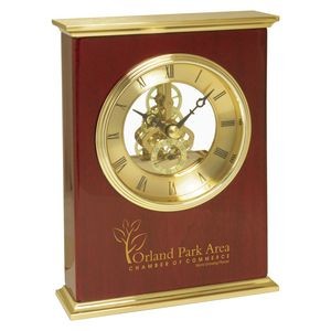 Skeleton Movement Piano Wood Finish Mantel Desk Clock With Brushed Metal Top & Bottom