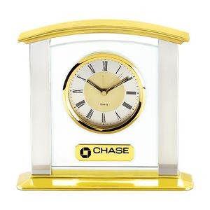 Heavy Glass & Brass Mantel Desk Alarm Clock w/Silver Columns