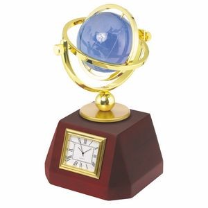 Wooden desk clock features a Blue Optical Crystal World Globe encased in a 3-axis gimbals