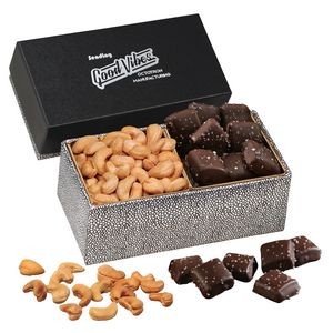 Black & Silver Gift Box w/Cashews & Chocolate Sea Salt Caramels