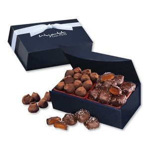 Chocolate Sea Salt Caramels & Cocoa Dusted Truffles in Navy Magnetic Closure Box