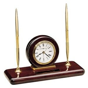 Howard Miller Rosewood Finish Clock Desk Set w/ 2 Brass Pens