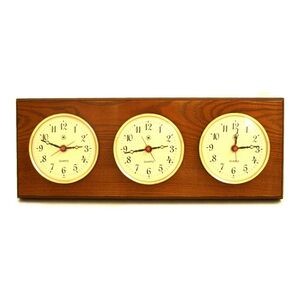 Three Time Zone Clock - Oak