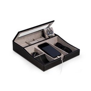 Black Leather Valet Tray w/Multi-Compartment Storage