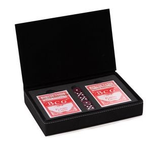 Sleek black game case with two decks of playing cards and 5 poker dice