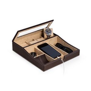 Brown Leather Valet Tray w/Multi-Compartment Storage