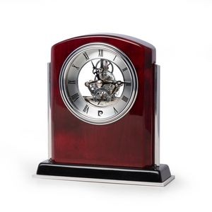 Lacquered Mahogany Wood Skeleton Movement Clock with Stainless Steel Accents.
