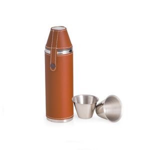 10 Oz. Tan Leather Cylinder Flask w/Cups