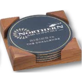 Round Leather Cork Back Coaster Set of 4 w/ Cherry or Walnut Wood Stand